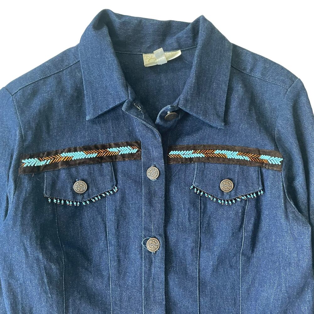Vintage 1990s Cache Jean Jacket Beaded Fringe Lace Up Southwest 4 EUC - Picture 3 of 13